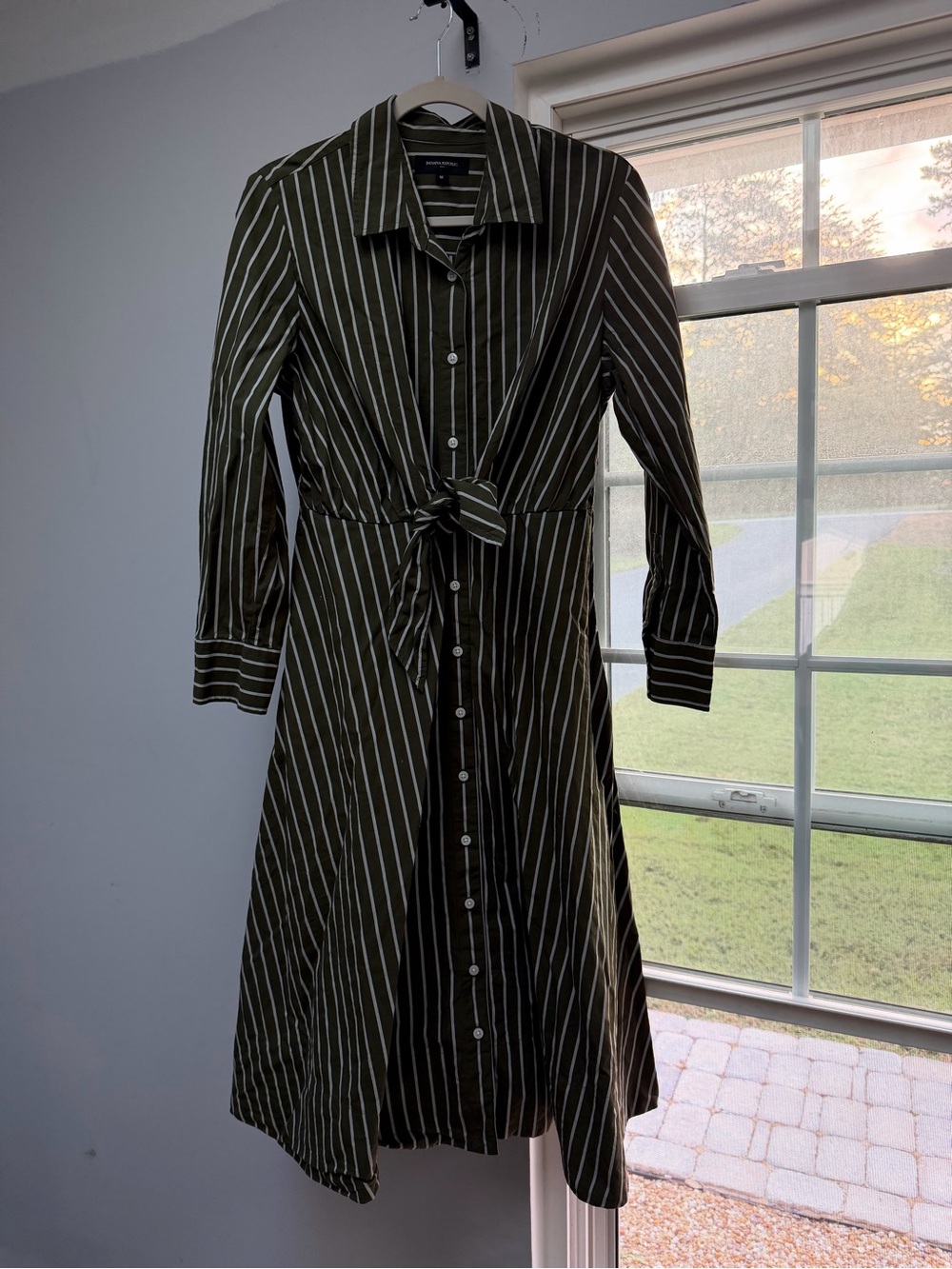 Banana Republic Olive Green and White Striped Shirt Dress
